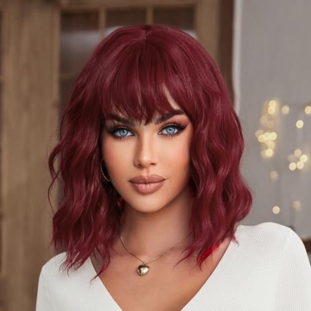 Red Wig with Bangs Short Wavy Wigs for Women